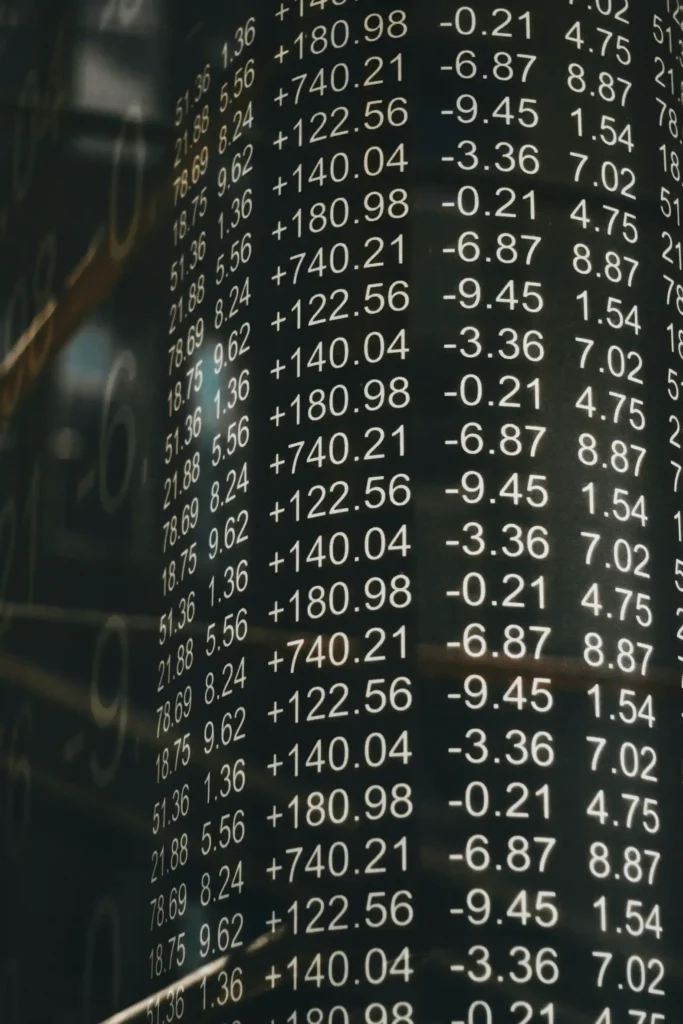 Close-up de uma tela com números de variação de preços e cálculos financeiros exibidos em branco sobre fundo escuro, simulando dados de mercado.