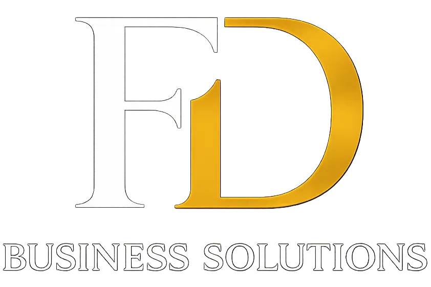 Logo com a sigla “FD” em branco e dourado sobre fundo preto, acompanhado do texto “BUSINESS SOLUTIONS” abaixo, em estilo tipográfico destacado.