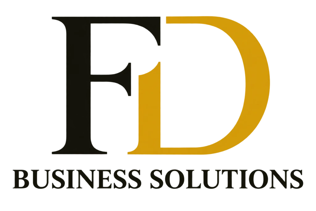 Logo da marca “FD Business Solutions” com letras grandes em preto e dourado, destacando o símbolo circular amarelo e o nome da empresa abaixo.