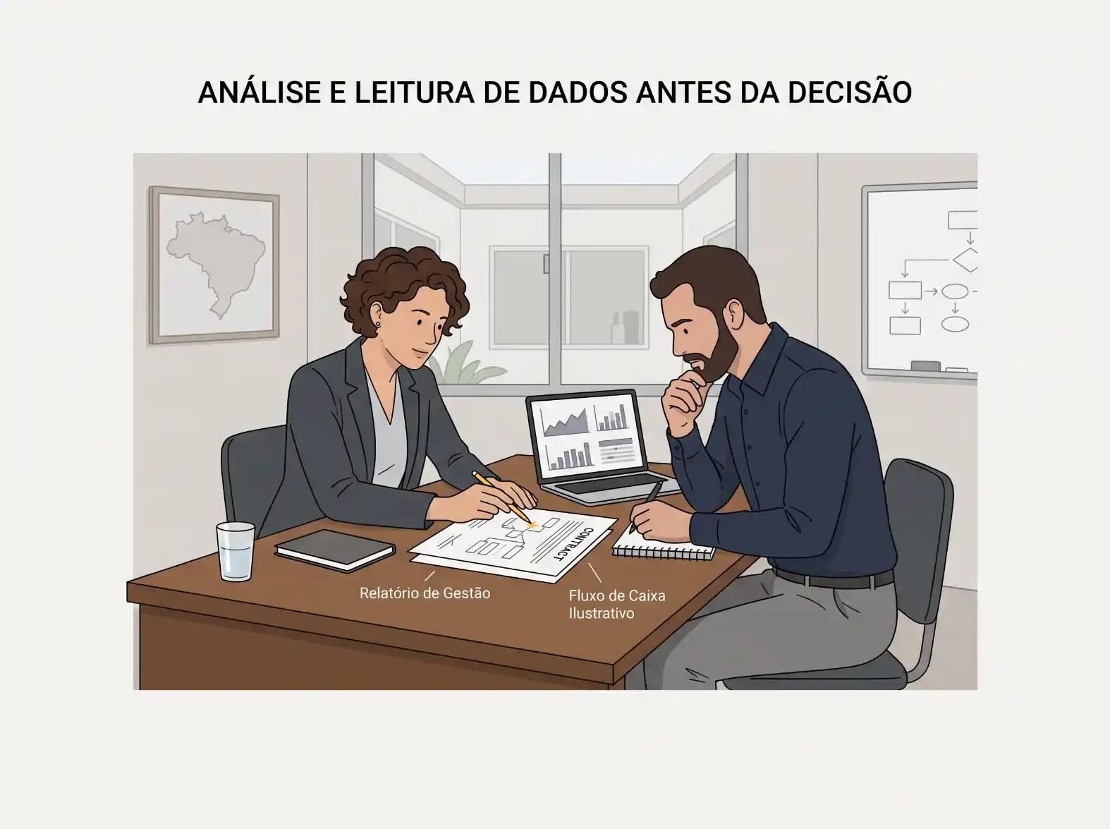 Ilustração de análise e leitura de dados antes da decisão: duas pessoas em uma sala de trabalho com notebook e gráficos em relatórios sobre uma mesa.
