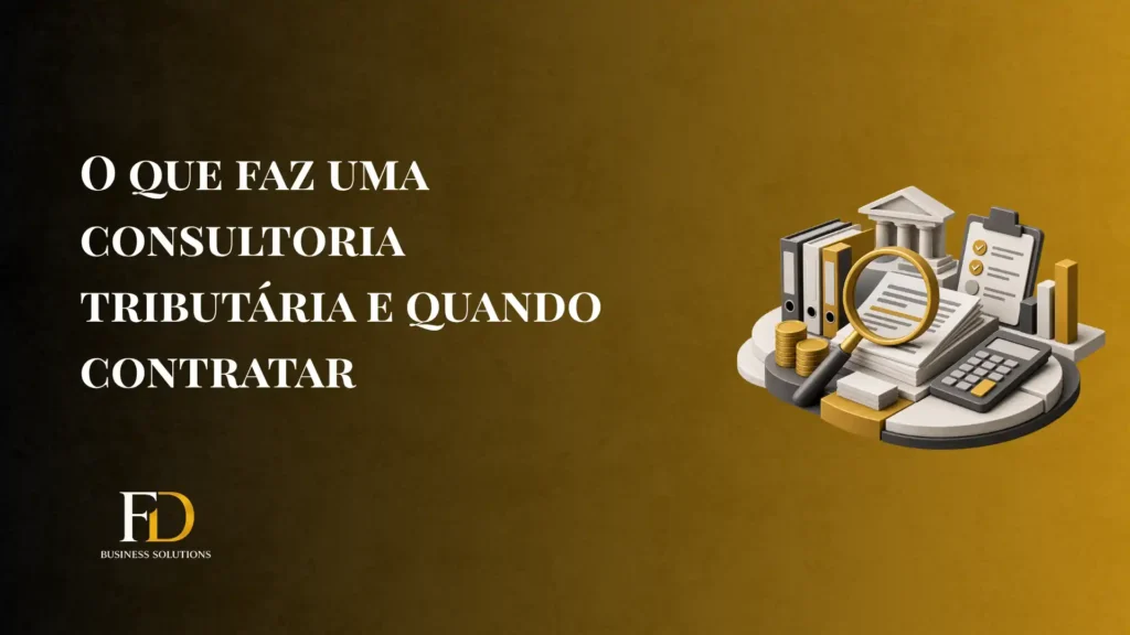 Imagem de capa com texto “O QUE FAZ UMA CONSULTORIA TRIBUTÁRIA E QUANDO CONTRATAR” e ilustração de documentos, calculadora, lupa e moedas, com logo FD Business Solutions no canto inferior esquerdo.