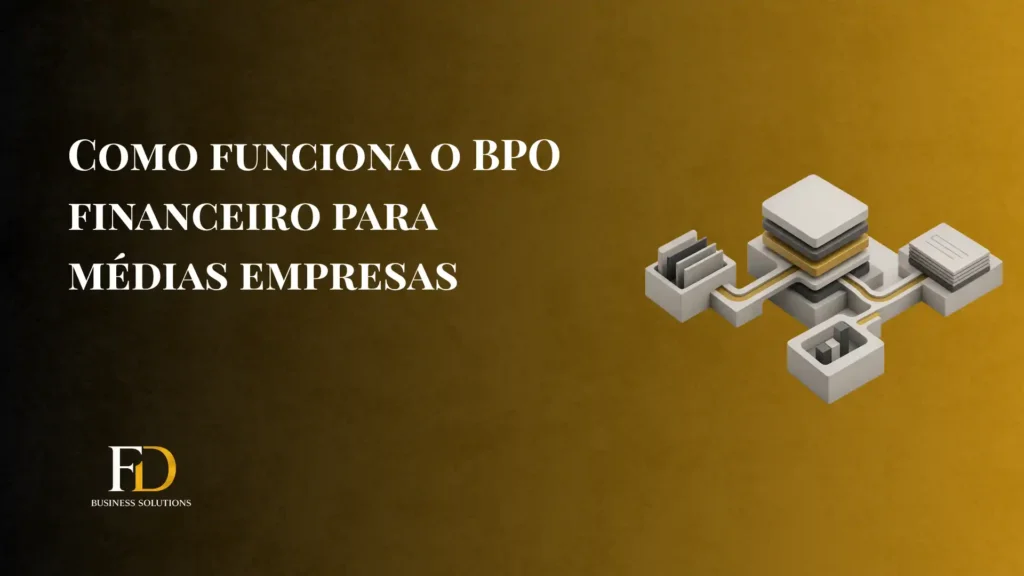 Imagem com fundo amarelo e texto “COMO FUNCIONA O BPO FINANCEIRO PARA MÉDIAS EMPRESAS”, ao lado de ilustração 3D de pastas e documentos, sugerindo organização e processos contábeis.