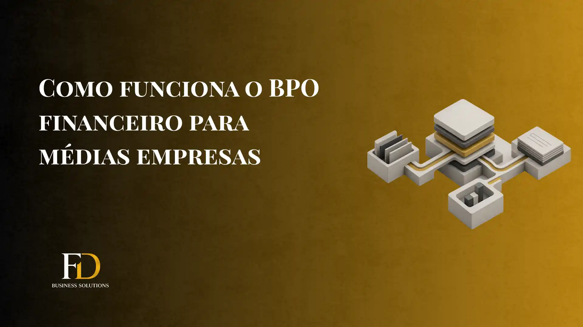 Imagem com fundo amarelo e texto “COMO FUNCIONA O BPO FINANCEIRO PARA MÉDIAS EMPRESAS”, ao lado de ilustração 3D de pastas e documentos, sugerindo organização e processos contábeis.