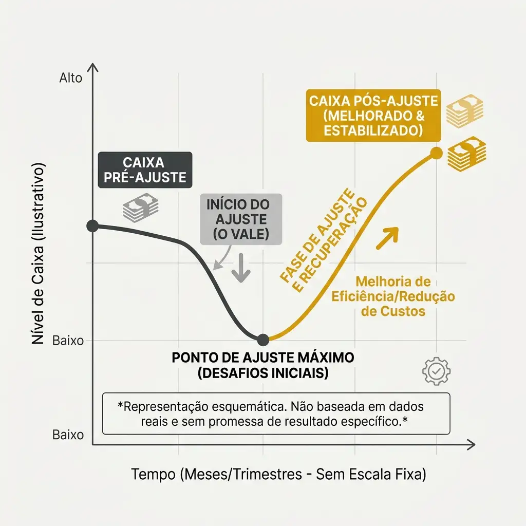 Gráfico de nivel de caixa ilustrativo mostrando caixa pré-ajuste, início do ajuste (o vale), ponto de ajuste máximo e caixa pós-ajuste melhorado e estabilizado, com redução de custos e fase de recuperação.
