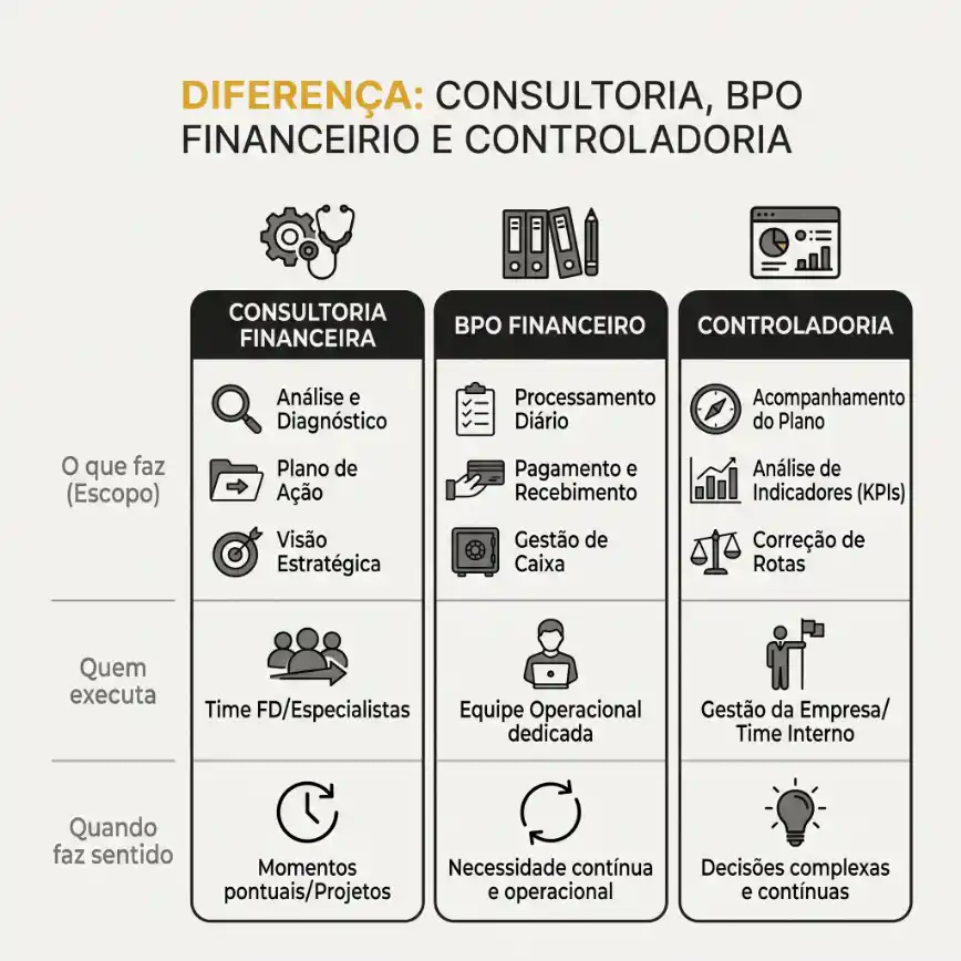 Infográfico com a comparação entre consultoria financeira, BPO financeiro e controladoria, mostrando o que fazem (escopo), quem executa e quando faz sentido, com listas e ícones.