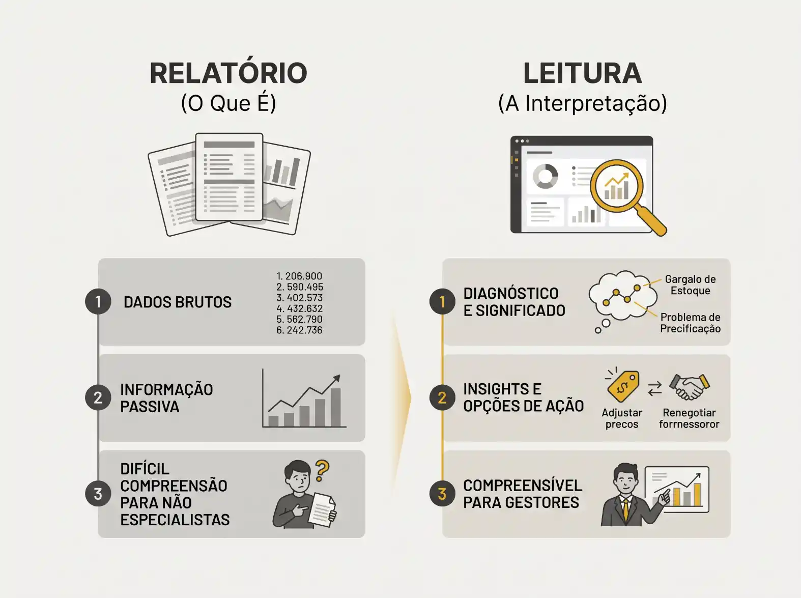 Infográfico comparando Relatório (O que é) e Leitura (A Interpretação), com etapas como dados brutos, informação passiva, diagnóstico e insights de ação para gestão de estoques, precificação e correção de erros.