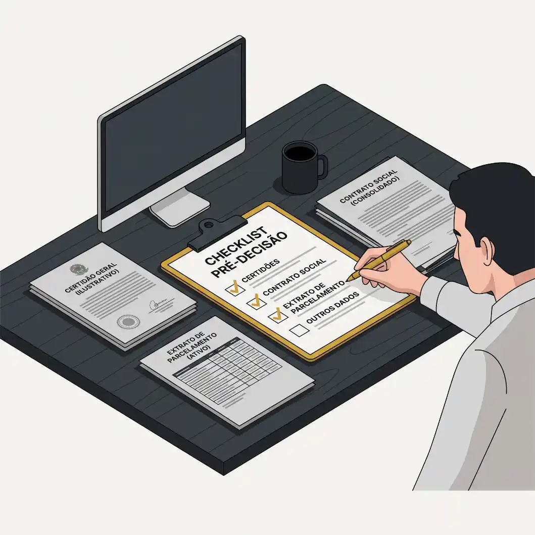 Ilustração de um checklist pré-decisão em contrato social sendo preenchido por uma pessoa em frente a computadores, com documentos e carimbos no desktop.